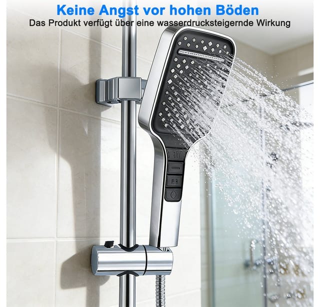 PFCTART Handbrause Hochdruck-Duschkopf mit sieben Sprühmodi (mit Sockel und Schlauch), (Set, 3-tlg., Inkl. 1,5m Schlauch & Halterung ohne Bohren – G1/2 Anschluss), Großer Regeneffektkopf & wassersparend – Mit Shower Filter Technologie