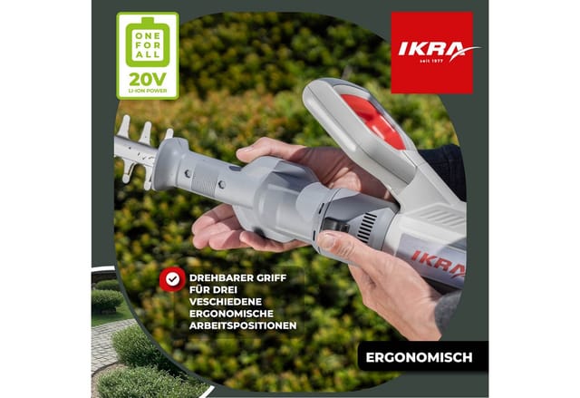 ikra GmbH Teleskop-Heckenschere ICPH 2050, bis 2,10 m Arbeitshöhe, 20 V, Praktische 2in1-Funktion (klassisch oder als Teleskop)