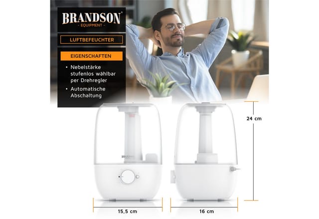 Brandson Luftbefeuchter mit Drehregler für stufenlose Nebeleinstellung, 2000 ml Wassertank, 2.0 l Wassertank, LED Licht Farbwechsel 7 Farben, automatische Abschaltung, leise