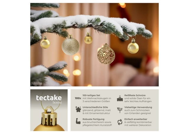 tectake Weihnachtsbaumkugel Weihnachtskugeln (1 St), 100er-Set in Gold
