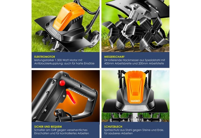 MASKO Elektromotorhacke, Gartenfräse elektrische Motorhacke 1500 Watt 40cm Arbeitsbreite 20cm