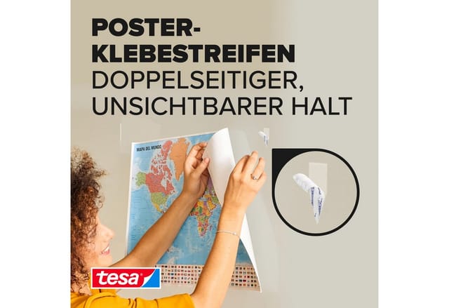tesa Klebehaken POWERSTRIPS Poster Doppelseitige Klebestreifen, (Spar-Set, 60-St., 3 x 20 tesa Powerstrips® Poster), Klebepads mit max. 200 g Haltekraft - 3er Pack - je 20 Stück