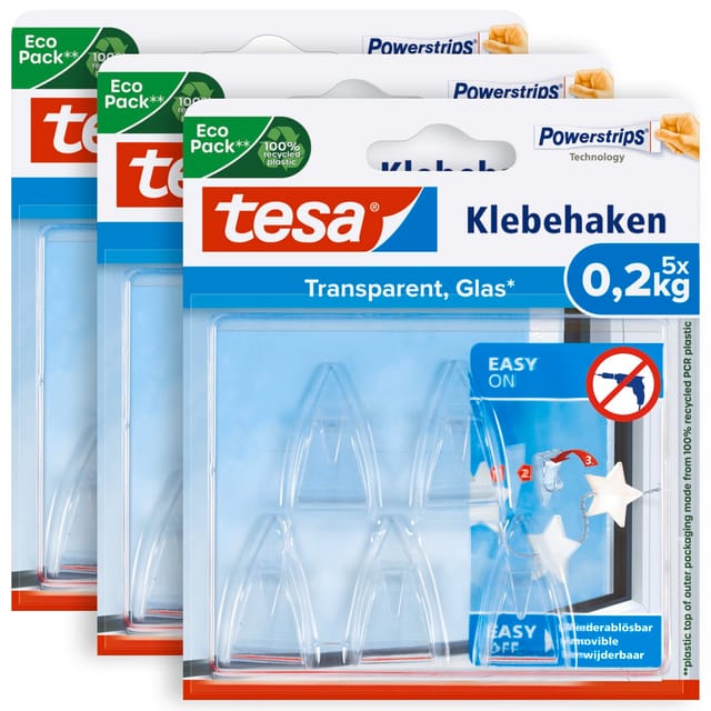 tesa Klebehaken POWERSTRIPS Doppelseitige Klebestreifen mit Bilderhaken, für Deko an Glas und Spiegel, (Spar-Set, 15-St., 3 x 5 tesa Powerstrips® Deko Haken), Transparente Klebepads - 3er Pack á 5 Dekohaken - je max. 200 g