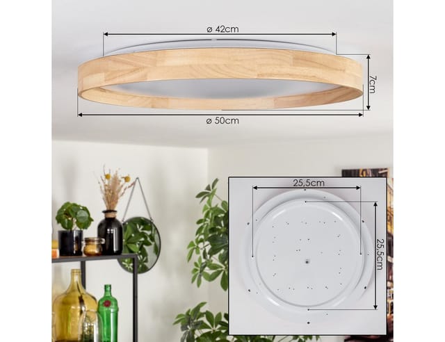 hofstein Deckenleuchte Deckenlampe aus Holz/Metall/Kunststoff in Natur/Weiß, LED wechselbar, 3000 Kelvin, im skandinavisch/modernen Design mit rundem Schirm (50cm), 1-flammig