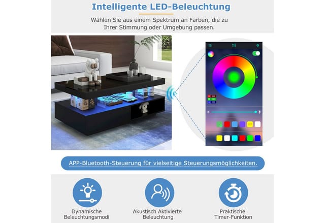 Merax Couchtisch mit 2 Schubladen und Stauraum, Beistelltisch Hochglanz mit LED inkl. APP, Wohnzimmertisch