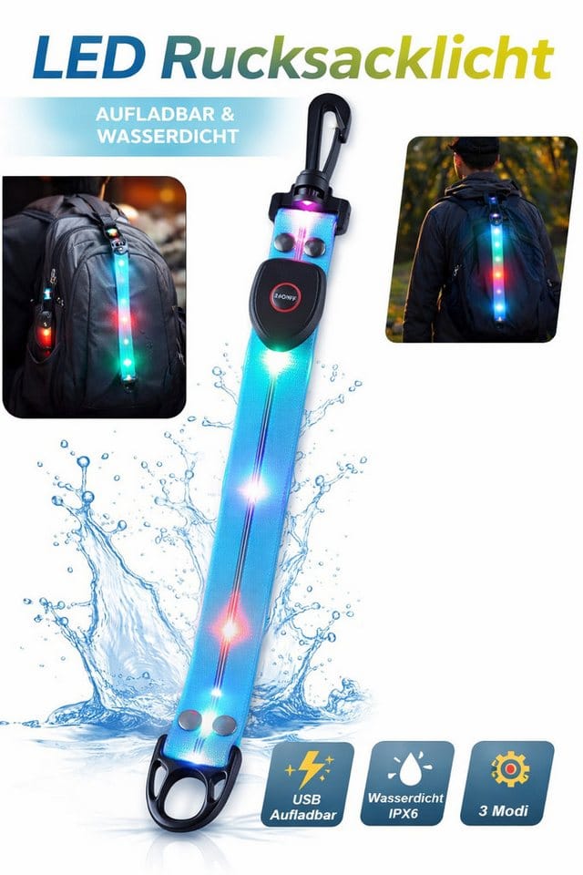 Illes-Laedchen LED Blinklicht LED Rucksack Blinklicht Leuchtband Reflektor Schulranzen Licht, Wiederaufladbar USB, Wasserdicht, 4 Farben