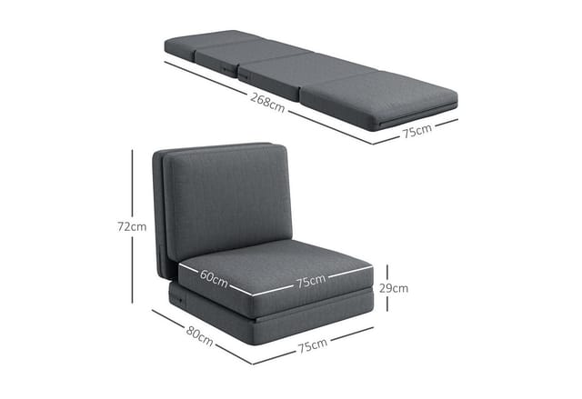 HOMCOM Sitzkissen 3-in-1 Klappbar Schlafsofa mit Samtoptik, bis 240 kg belastbar, für Schlafzimmer, Wohnzimmer, Dunkelgrau