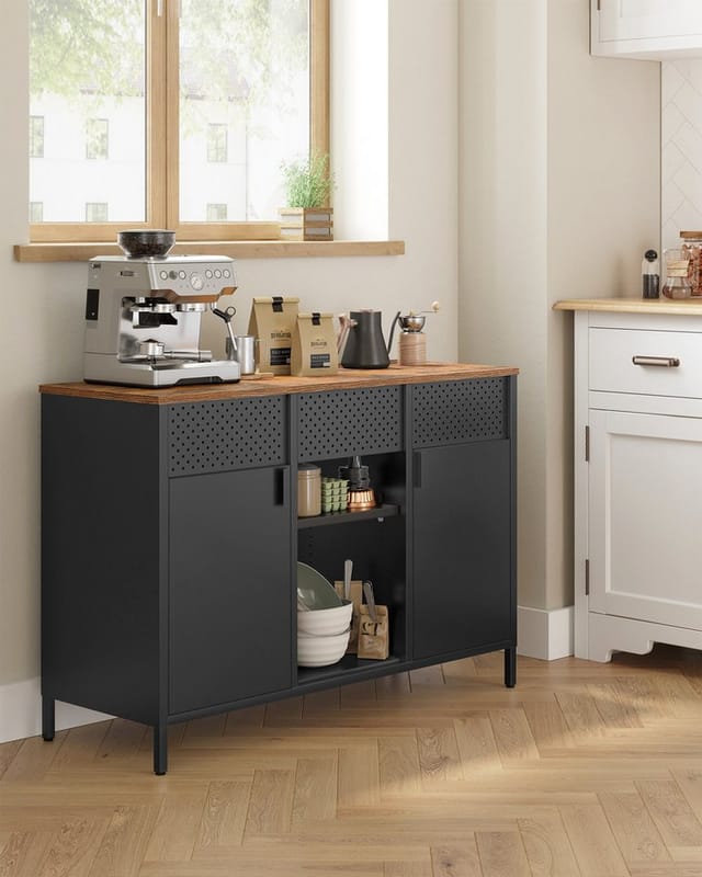 SONGMICS Aktenschrank Aufbewahrungsschrank (Metallschrank, Schrank mit Doppeltür, Sideboard, Stahlgestell, vintagebraun-mattschwarz) Magnetverschluss, verstellbare Einlegeböden