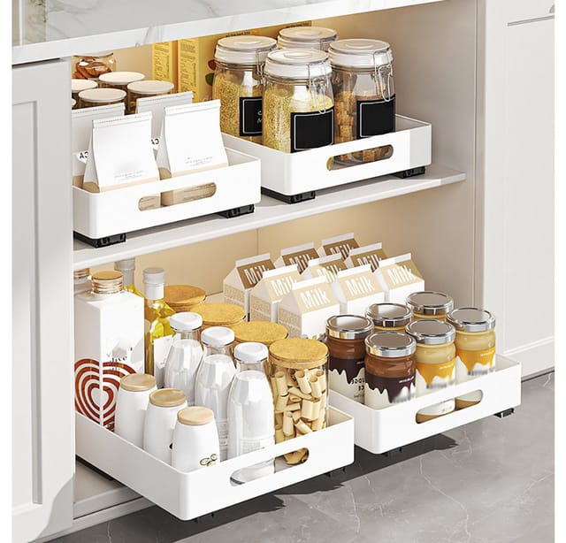 GarveeMore Küchenorganizer-Set Ausziehbare Schublade Küche, Teleskopschublade ABS Schrank Organizer