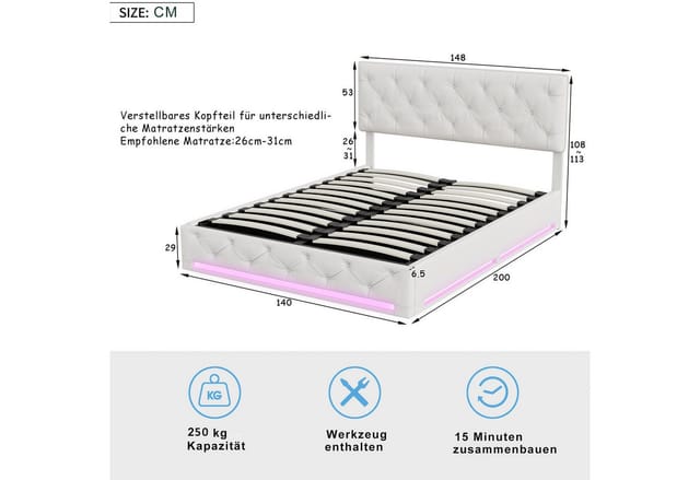 PXloue Polsterbett Polsterbett mit RGB LED-Beleuchtung und weichem Kopfteil, Modernes Design mit Stauraum und RGB LED-Beleuchtung