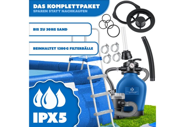 KESSER Sandfilteranlage 600W Sandfilter für Pools 13200L/h Durchfluss Poolfilter 7-Wege Ventil (Filteranlage mit Pumpe, 1200g Filterbälle Druckmanometer, Abdeckung), Tankvolumen für bis 30kg Sand Professionelle Poolwasserfilterung