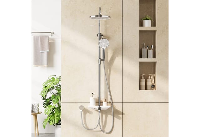 GarveeMore Brausegarnitur Regendusche Duschsystem mit Ablage 3-Funktion höhenverstellbar-D25cm, XXL Überkopfbrause und 3 Funktion Handbrause Rund,Höhen Einstellbar