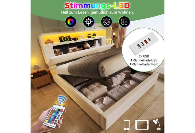 STILVORA Polsterbett 180x200 mit Bettkasten,Stauraumbett Jugendbett mit LED&Ladestation (Struraumbett, Funktionsbett, 1-tlg., 180x200 cm, ohne Matratze), Hydraulisches Bett mit LED-Beleuchtung & USB/Type-C Ladestation
