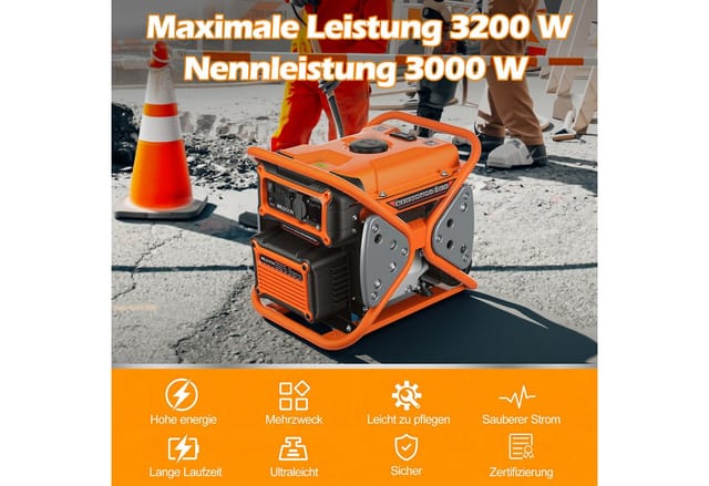 oyajia Stromerzeuger 4 Takt Leise Benzin Generator 7.0 HP MAX. Tragbarer Stromgenerator, 3,2 in kW, (max 3200W, 10L Tank, 3000W Dauerleistung, Überlastschutz, AVR-Funktion), Benzin Generator 230V Steckdose für Camping und Wohnmobile 28kg