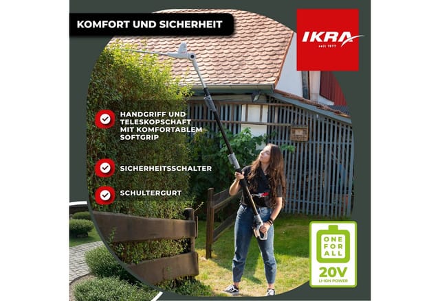 ikra GmbH Teleskop-Heckenschere ICPH 2040, bis 2,75 m Arbeitshöhe, 2 x 20V Akkus, Lasergeschnittene & gehärtete Messer, Schnelllader