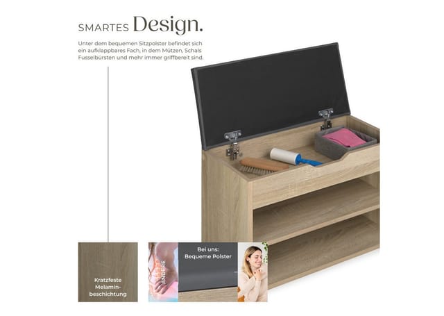 tectake Schuhschrank Schuhbank Jasmina mit Sitzpolster für 6 Paar Schuhe, 60x30x43,5cm (Komplettset, 1-St., inkl. Schlüssel) großes Klappfach zur Aufbewahrung