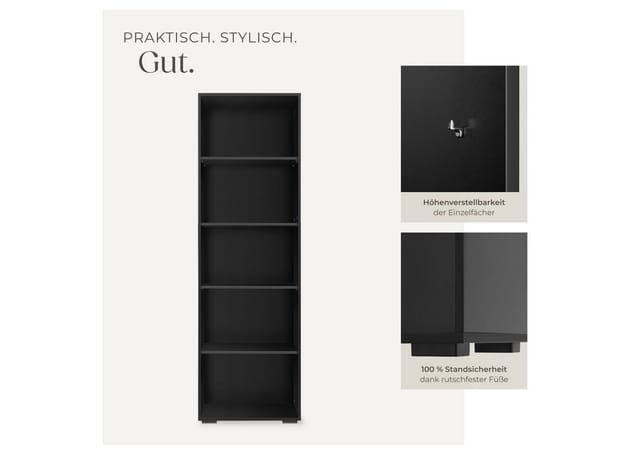 tectake Bücherregal Lexi, Holzregal Lexi 1-tlg., MDF, bodenschonende Kunststofffüße, vielseitig verwendbar