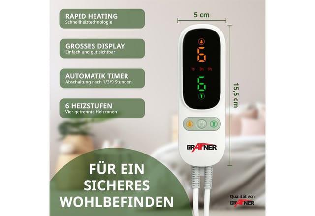 Grafner Wärmeunterbett Wärmeunterbett Polyester elektro Heizzonen Heizdecke, regelbare Temperaturstufen, LCD-Display, Heizzonen