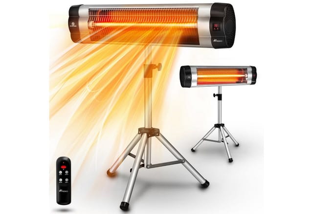 TRESKO Heizstrahler Infrarot Wärmestrahler elektrisch mit Fernbedienung, 2500 W, 3 Heizstufen, Terrassenstrahler Innen & Außen, höhenverstellbar