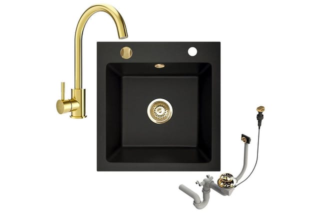 Faizee Möbel Granitspüle Granitspüle 49x52 +Armatur Gold Küchenspüle Spülbecken inkl. Siphon, eckig, 49/52 cm