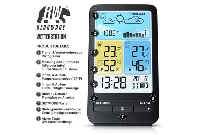 BEARWARE Wetterstation (mit Außensensor, Funk, Prognose, Temperaturtrend, Luftdruck, Temperaturwarnung usw)