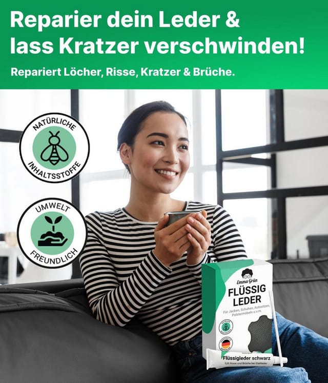 Emma Grün Reparatur-Set Flüssigleder Schwarz 7 ml inkl. Spachtel, Set zum Füllen von Rissen & (Brand)Löchern, aus deutscher Manufaktur