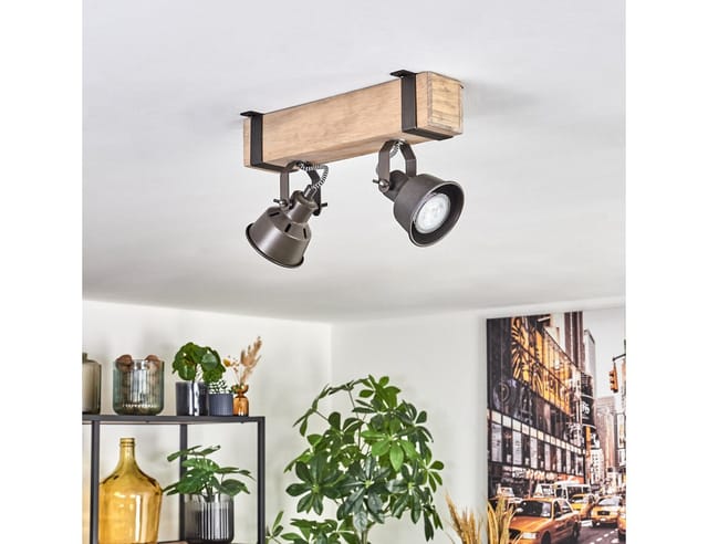 hofstein Deckenleuchte Deckenlampe verstellbar aus Metall/Holz in Grau/Naturfarben, ohne Leuchtmittel, Deckenleuchte im Industrial/Retro/Vintage-Design m. Holzbalken, 2xGU10