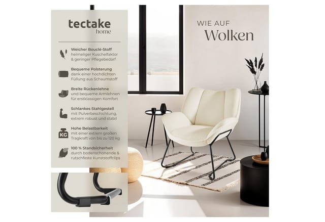 tectake Esszimmerstuhl Sessel Kjeld Bouclé, gepolstert, Belastbarkeit 120 kg (Set, 1 St), Dicke Polsterung mit hochdichter Schaumstofffüllung