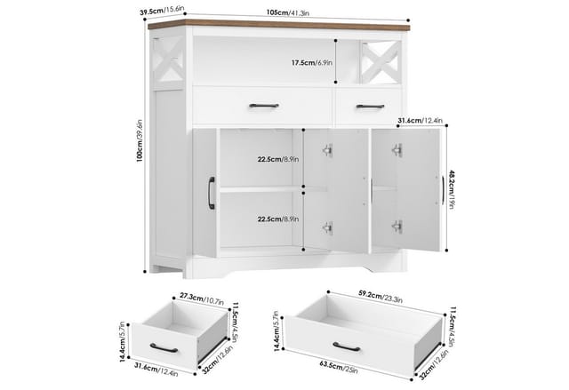 HOMECHO Sideboard, Küchenschrank mit Arbeitsplatte, 2 Schubladen und 3 Türen