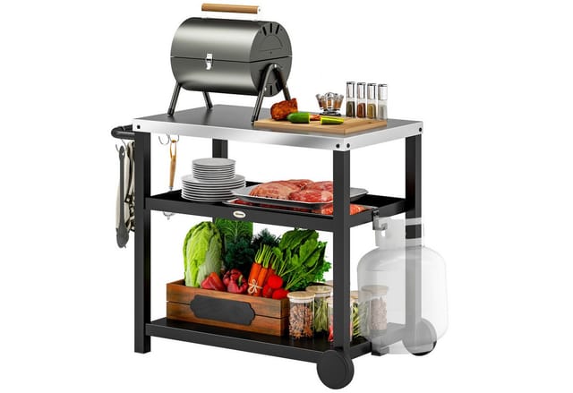 Outsunny Servierwagen 3-Etagen, mit Arbeitsfläche Ablagen Haken Räder, (BBQ Grilltisch, 1 St., Grillwagen aus Edelstahl), für Garten, Grill, 102 x 50 x 81cm, Kohlegrau