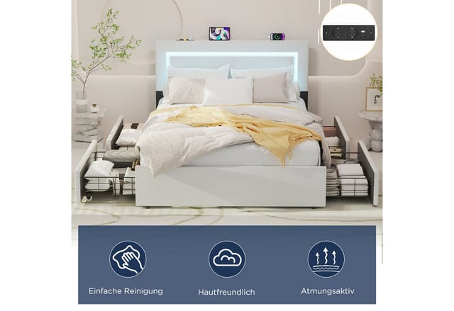 oyajia Polsterbett LED Doppelbett 140x200 cm, mit 4 Schubladen und Lattenrost (Kopfteil mit stauraum und USB-Ladefunktion, Polsterbett mit Metall Bettgestell, PU-Leder), Funktionsbett Stauraumbetten Jugendbett Bettgestell Leises Design Bett