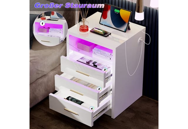 oyajia Nachttisch Nachtschrank mit 2/3 Schubladen, Beistelltisch mit Ladestation und LED (1-st RGB Nachttisch mit Schubladen und Ladestation), Nachttisch mit Schubladen, Einstellbare Farben, Type-C, USB-Anschlüsse