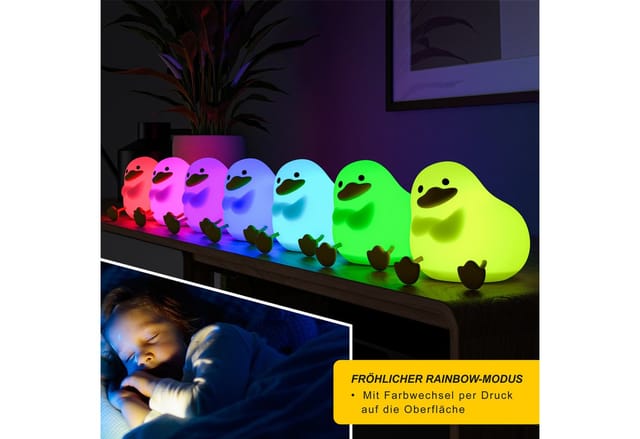 MyBeo LED Nachtlicht für Babys und Kinder, dimmbar, Nachtleuchte mit RGB Farbwechsel, Akku, Dimmfunktion, Farbwechsel, mehrere Helligkeitsstufen, Nachtlichtfunktion, mit LED, Timer, Einschlafhilfe, LED fest verbaut, Extra-Warmweiß, Farbwechsler, sitzende Ente, Einschlafhilfe, Timer 30/60 Min, 3 Helligkeitsstufen