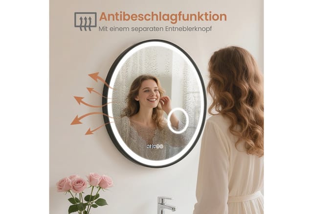 AQUABATOS Badspiegel Badezimmerspiegel Rund Badspiegel mit LED Beleuchtung Bad Wandspiegel, 3-fach-Vergrößerung Kosmetikspiegel dimmbar Uhr beschlagfrei Touch