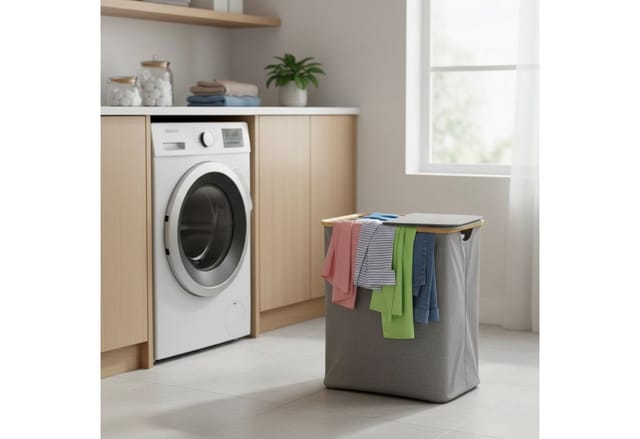 HAC24 Wäschesortierer Faltbarer Wäschekorb Wäschebox Wäschesammler für Bad & Schlafzimmer (2 St), 90L – 2-Fächer mit Deckel 53,5 x 33 x 56 cm aus Bambus & Polyester
