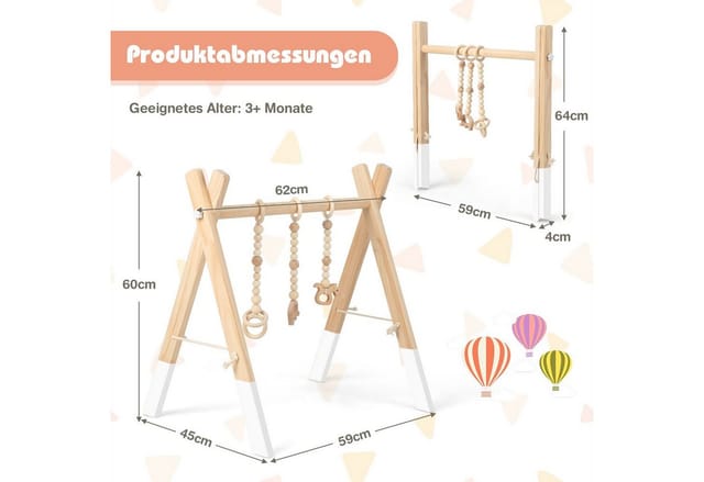 COSTWAY Baby Gym Spielbogen, mit 3 Kinderspielzeugen, klappbar, aus Holz