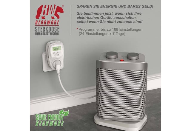 BEARWARE Steckdosen-Thermostat, max. 3680 W, 1-St., digital programmierbar, Temperaturregelung 5° – 35°C