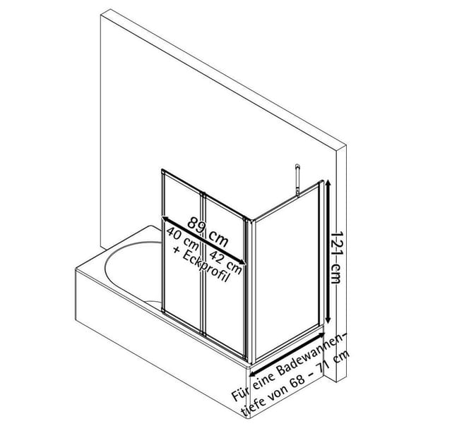 Schulte Badewannenfaltwand Smart, Sicherheitsglas, 89x121 cm, 2 tlg + Festelement, Klebe-Montage, Klar, Alu-Natur