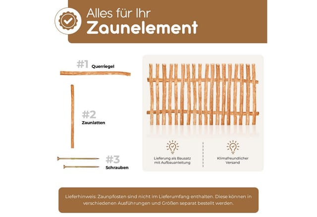 BooGardi Staketenzaun Gartenzaun Bausatz, (Höhe 50cm x Breite 90cm Lattenabstand 5-6cm), viele Größen Holzzaun Garten Lattenzaun Zaunfeld