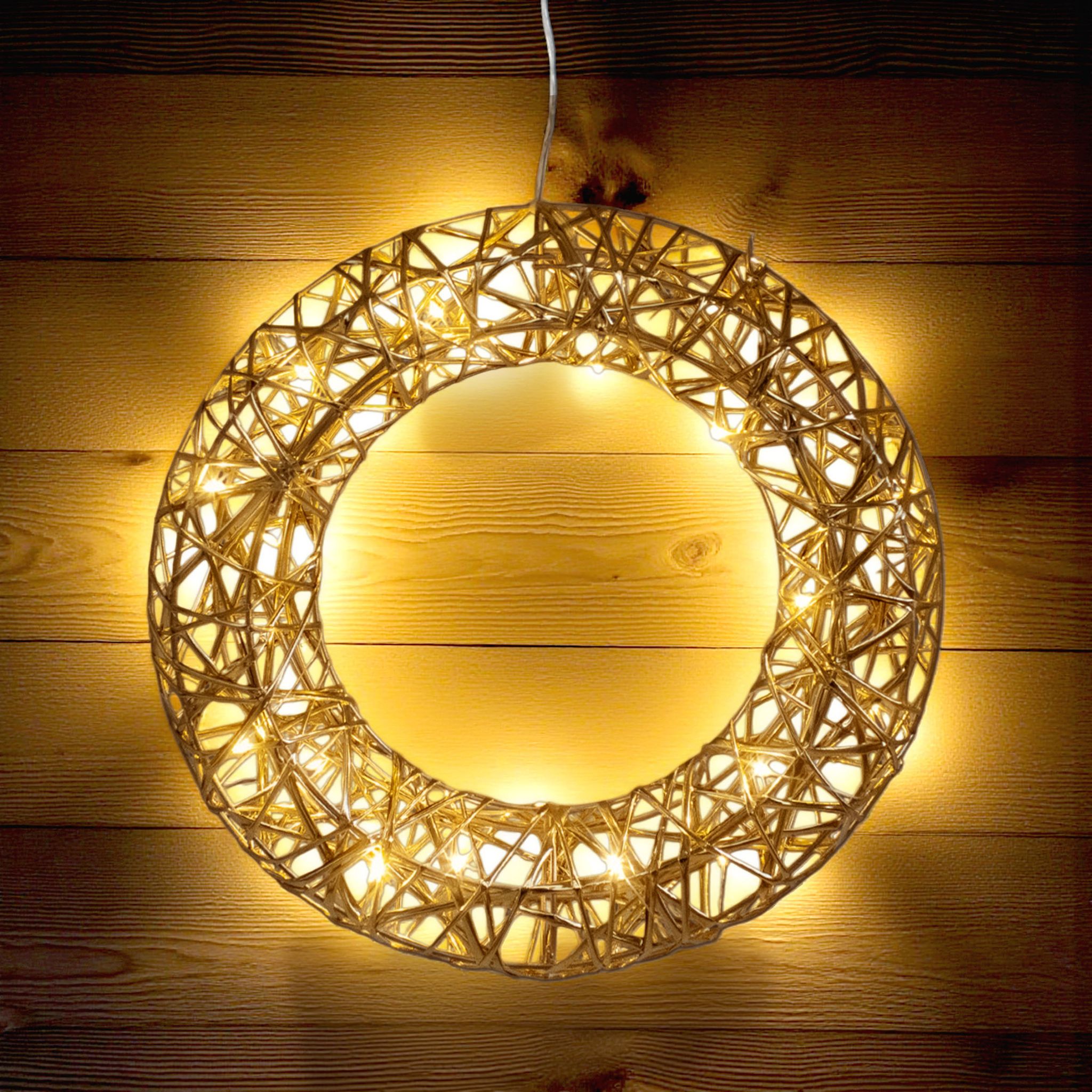 Leuchtring 30 Cm Mit Goldband Umwickelt Warm Weiß Mit Timer - 20 Led - Weihnachts Dekoleuchte Zum Hängen Batterie Betrieben