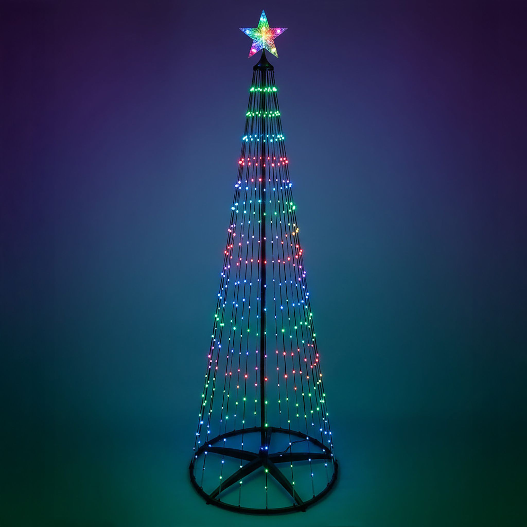 Lichterbaum Mit Stern Spitze 210 Cm Für Außen Mit Fernbedienung Und Timer - 370 Led - Metall Weihnachtsbaum In Schwarz Multicolor Mit Farbwechsel