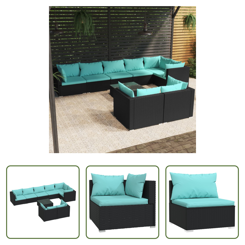 Gartenmöbel - 9-tlg. Garten-lounge-set Mit Kissen Schwarz Poly Rattan