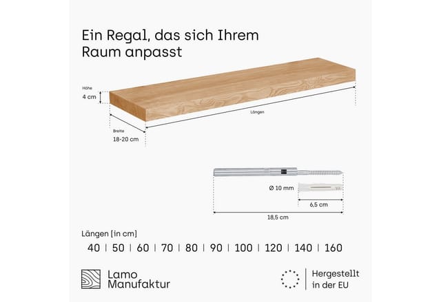 LAMO Manufaktur Wandregal Holz Gerade, Regal Farbe: Natur, Invisible: Schweberegal, 40 cm, Komplett-Set, 40mm stake Massivholzplatte