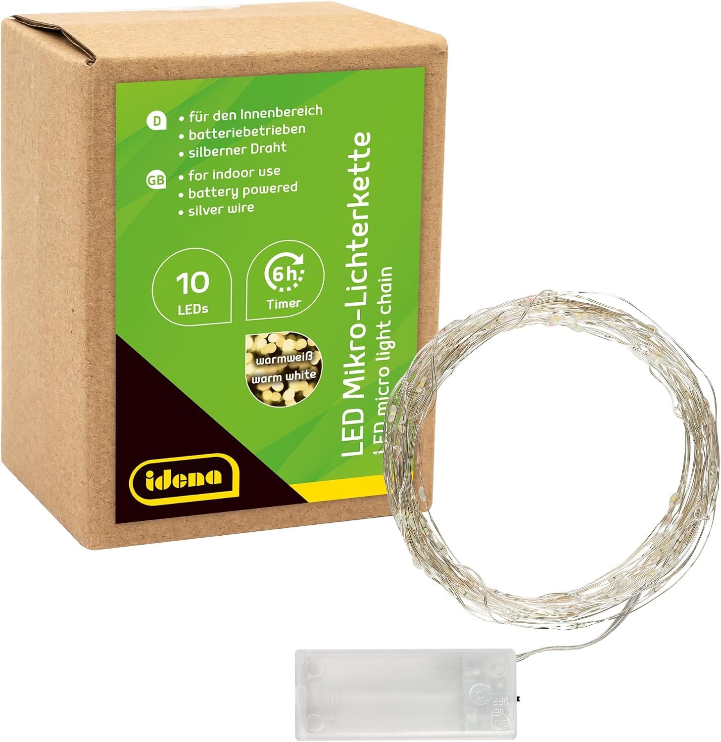 Idena LED-Lichterkette Idena 31114 - LED Micro Lichterkette mit 10 LEDs in Warmweiß, 6 Stunde
