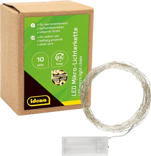Idena LED-Lichterkette Idena 31114 - LED Micro Lichterkette mit 10 LEDs in Warmweiß, 6 Stunde