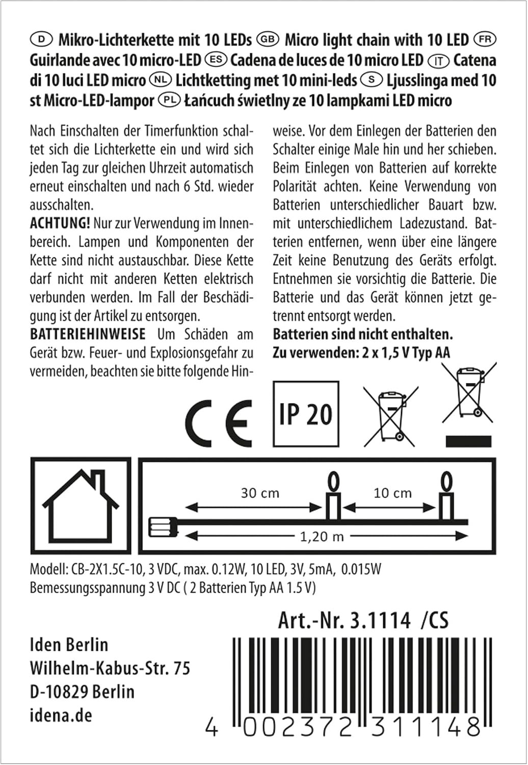 Idena LED-Lichterkette Idena 31114 - LED Micro Lichterkette mit 10 LEDs in Warmweiß, 6 Stunde Bild 6