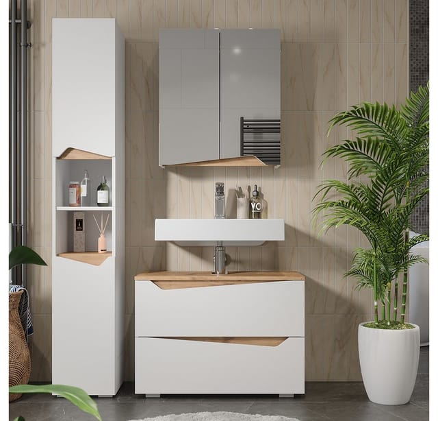 Vicco Badmöbel-Set Marelle, Weiß/Artisan, 3 Teile mit Hochschrank, (3-St., 3er Set)
