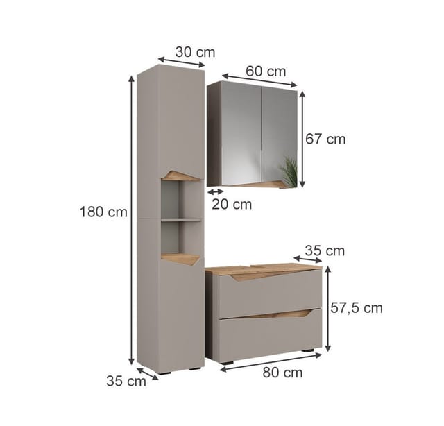 Vicco Badmöbel-Set Marelle, Greige/Artisan, 3 Teile mit Hochschrank, (3-St., 3er Set)