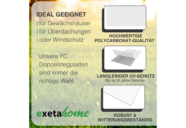 exeta Hohlkammerplatte Gewächshausplatten 8mm 8 Stück I 60,5 x 121 cm Polycarbonatplatten, 5,85 m², (Spar-Set, 8x 8mm)