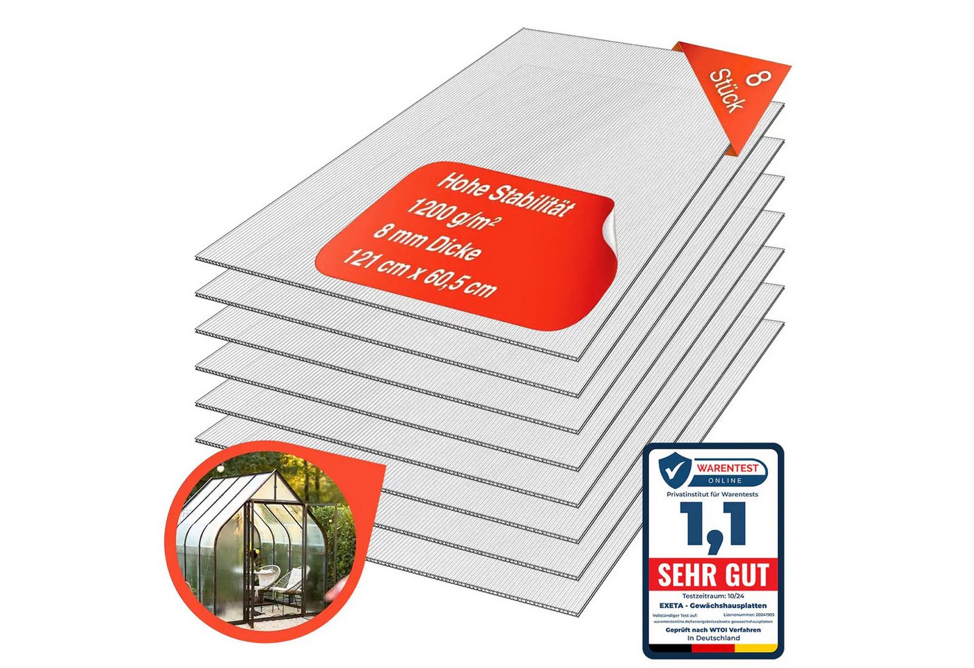 exeta Hohlkammerplatte Gewächshausplatten 8mm 8 Stück I 60,5 x 121 cm Polycarbonatplatten, 5,85 m², (Spar-Set, 8x 8mm) Bild 2
